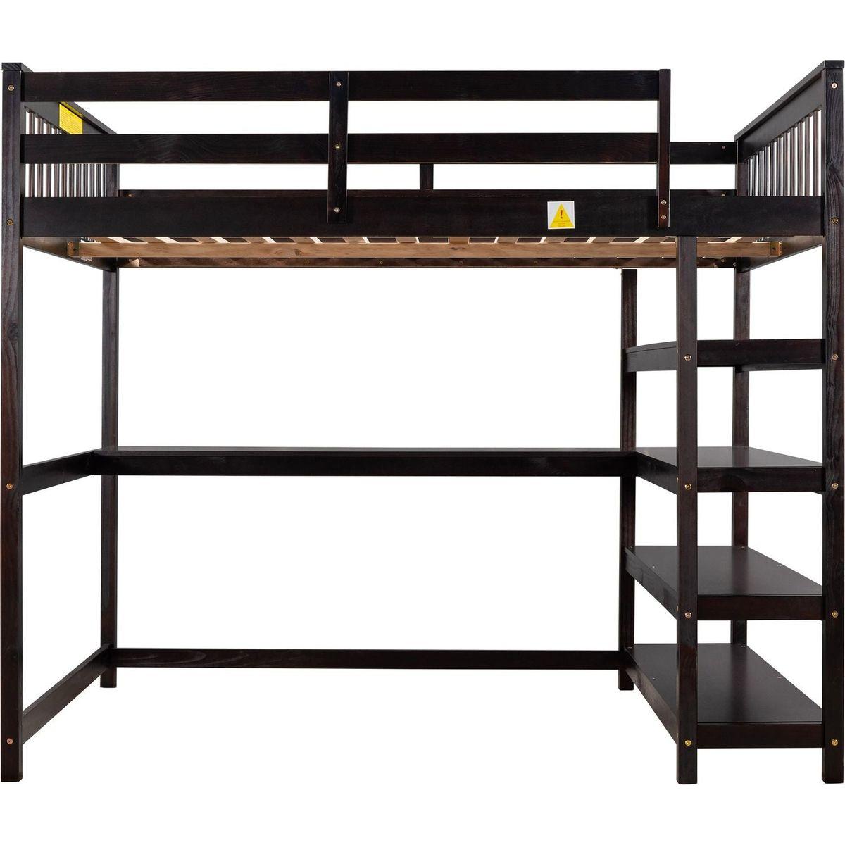 Full Size Loft Bed with Storage Shelves and Under-bed Desk, Espresso