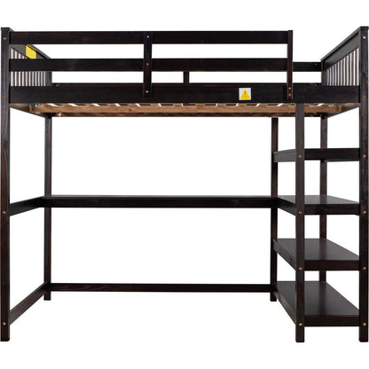 Full Size Loft Bed with Storage Shelves and Under-bed Desk, Espresso