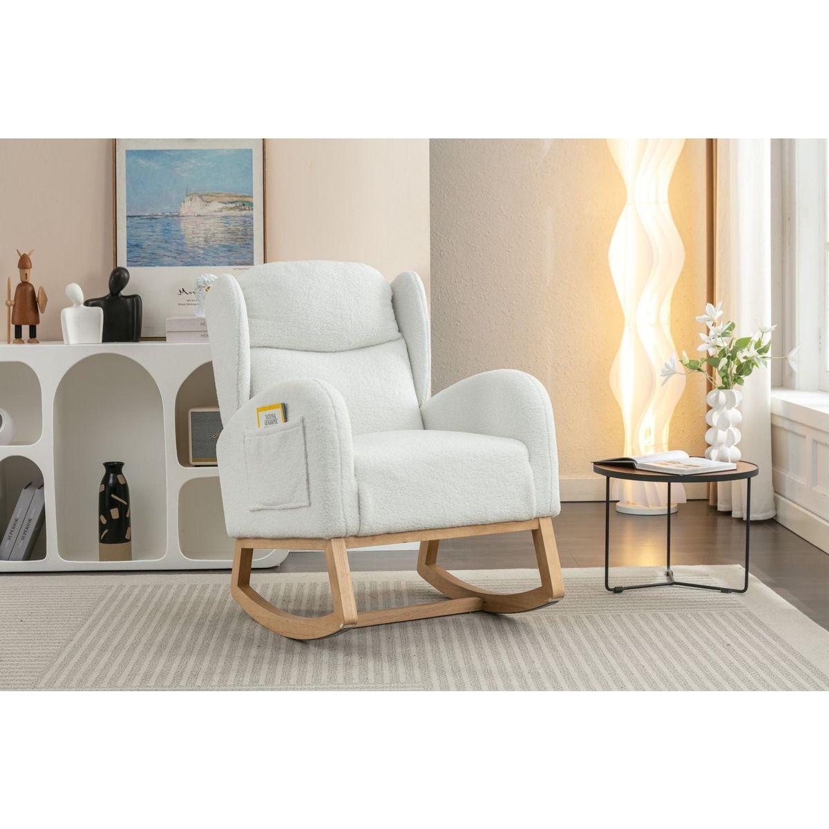 Teddy Fabric Rocking Chair With Packet Wood Legs,Ivory
