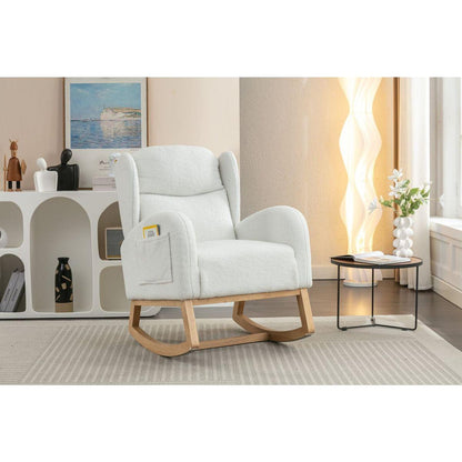 Teddy Fabric Rocking Chair With Packet Wood Legs,Ivory
