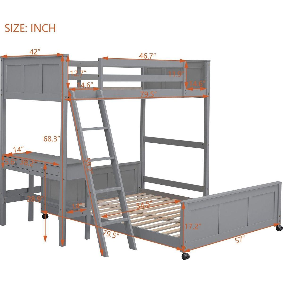 Twin Over Full Bunk Bed with Desk, Gray