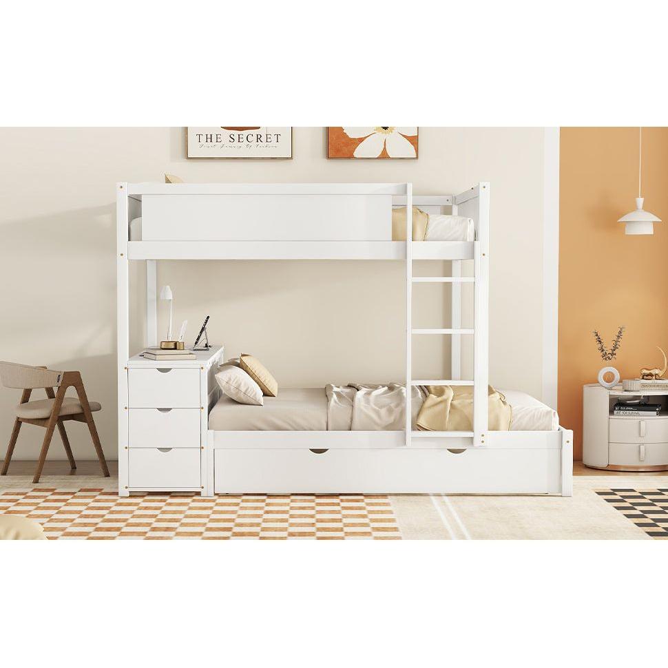 Full-Over-Full Bunk Bed with Twin size Trundle, Storage and Desk, White
