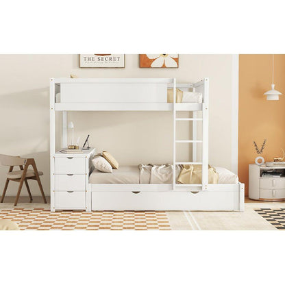 Full-Over-Full Bunk Bed with Twin size Trundle, Storage and Desk, White
