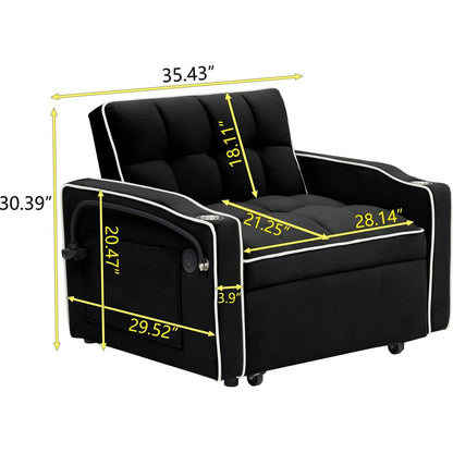 1 versatile foldable sofa bed in 3 lengths, modern sofa sofa sofa velvet pull-out bed, adjustable back and with USB port and ashtray and swivel phone stand black