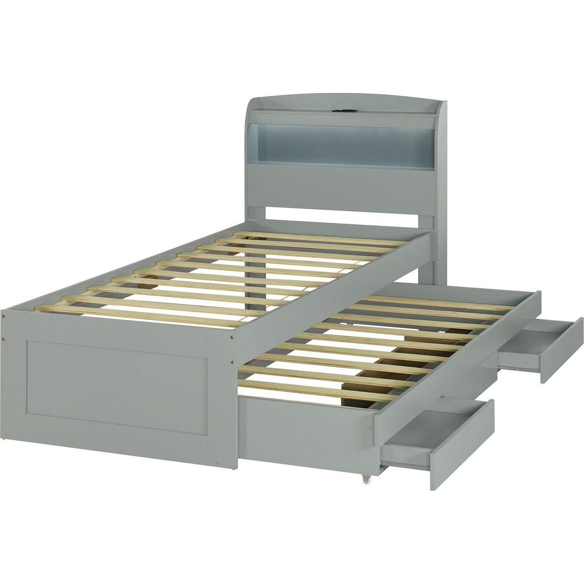 Twin XL Size Platform Bed with Storage LED Headboard, Charging Station, Twin Size Trundle and 2 Drawers, Gray