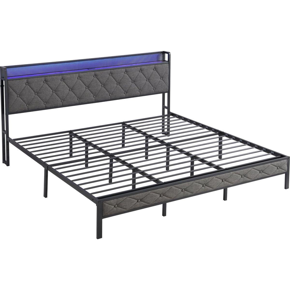 King Bed Frame with Storage Headboard, Charging Station and LED Lights, Upholstered Platform Bed with Heavy Metal Slats, No Box Spring Needed, Noise Free, Easy Assembly, Dark Gray