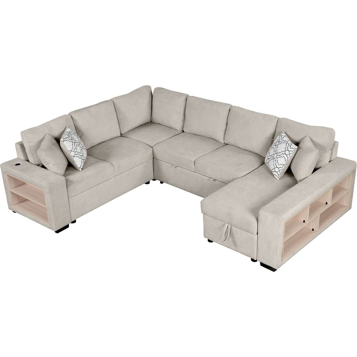 109" U-shaped Sectional Sofa Pull-out Sofa Bed with Two USB Ports, a Storage Chaise Lounge and Four Back Pillows for Living Room, Beige