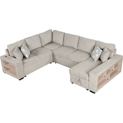 109" U-shaped Sectional Sofa Pull-out Sofa Bed with Two USB Ports, a Storage Chaise Lounge and Four Back Pillows for Living Room, Beige