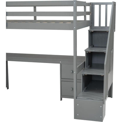 Twin Size Loft Bed Frame with Built-in Desk and Double Storage Drawers,Gray