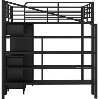 Metal Loft Bed With table set and wardrobe, Full, Black