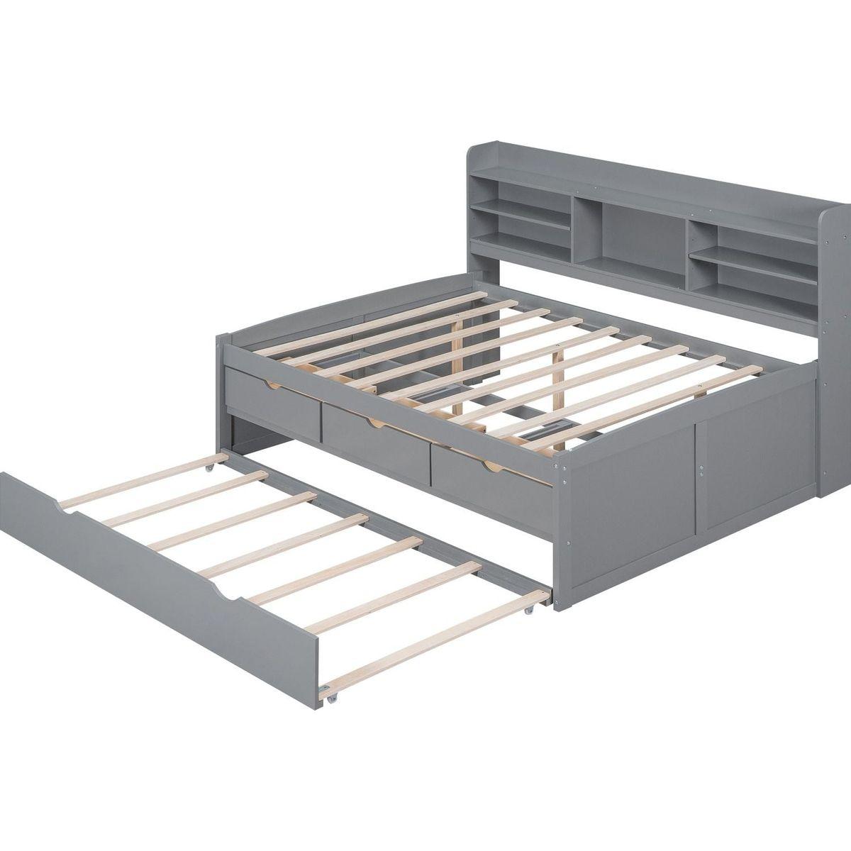 Full Size Wooden Captain Bed with Built-in Bookshelves,Three Storage Drawers and Trundle,Light Grey