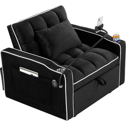 Convertible Sleeper Chair Sofa Bed Adjustable Pull Out Sleeper Chair Bed Multi-Pockets Folding Sofa Bed for Living Room Bedroom Small Space,3-in-1 Sofa Bed, (Black)