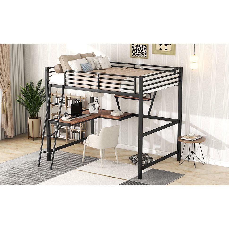 Full Size Loft Metal&MDF Bed with Desk and Shelf, Black