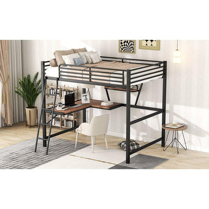 Full Size Loft Metal&MDF Bed with Desk and Shelf, Black