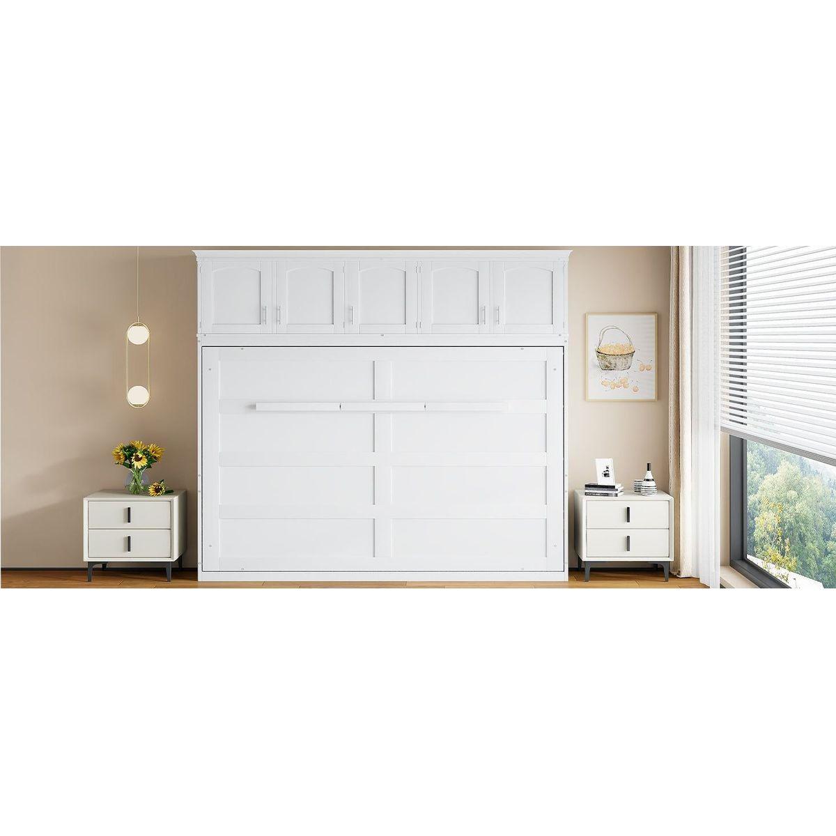Queen Size Murphy Bed Wall Bed with Top Cabinets,White