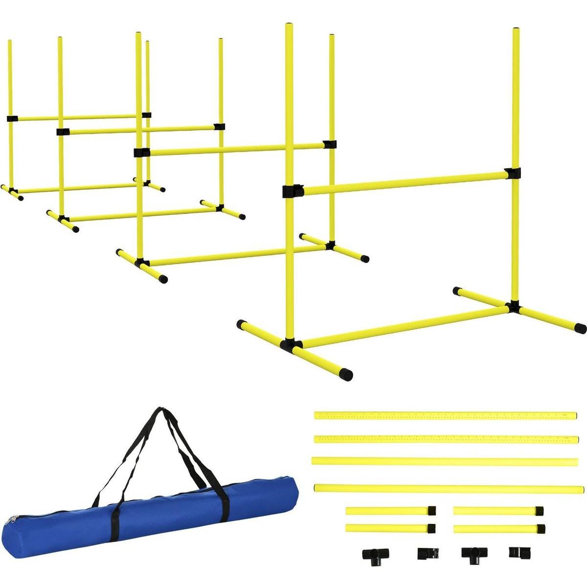 4 Piece Dog Agility Training Equipment for Dog Agility Course with Adjustable Height Jump Bars, Included Carry Bag, & Displacing Top Bar, Yellow