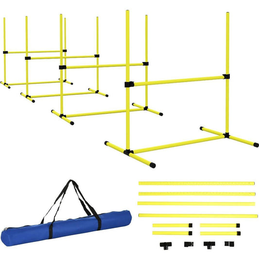 4 Piece Dog Agility Training Equipment for Dog Agility Course with Adjustable Height Jump Bars, Included Carry Bag, & Displacing Top Bar, Yellow