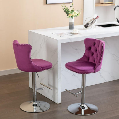 Swivel Velvet Barstools Adjusatble Seat Height from 25-33 Inch, Chrome base Bar Stools with Backs Comfortable Tufted for Home Pub and Kitchen Island, Purple,Set of 2