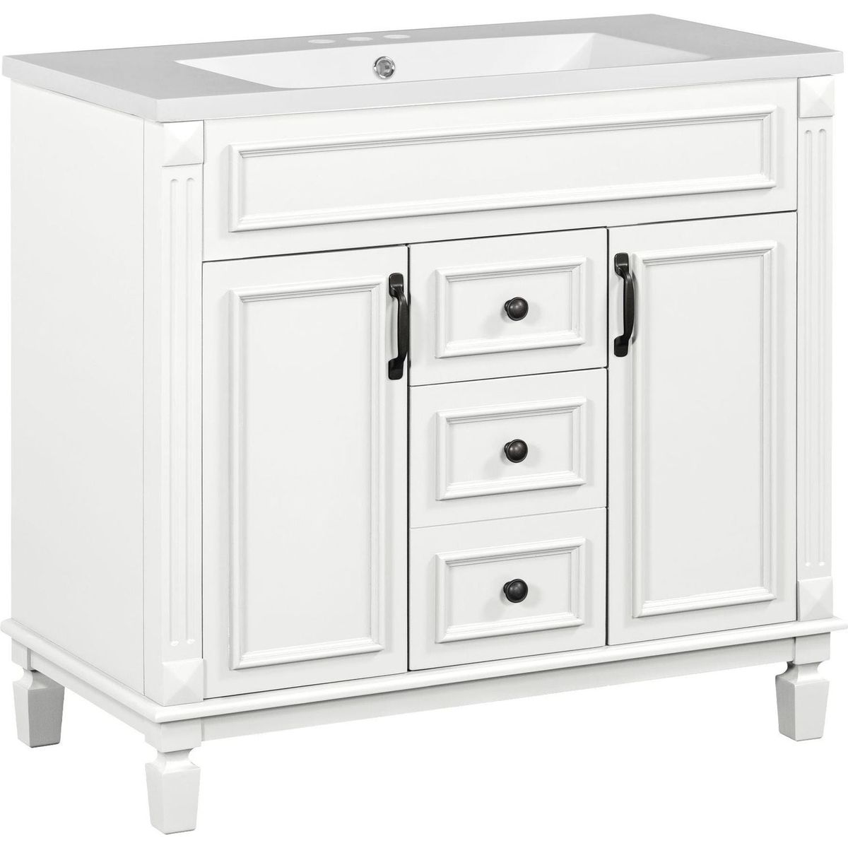 36" Bathroom Vanity with Top Sink, White Mirror Cabinet, Modern Bathroom Storage Cabinet with 2 Soft Closing Doors and 2 Drawers, Single Sink Bathroom Vanity