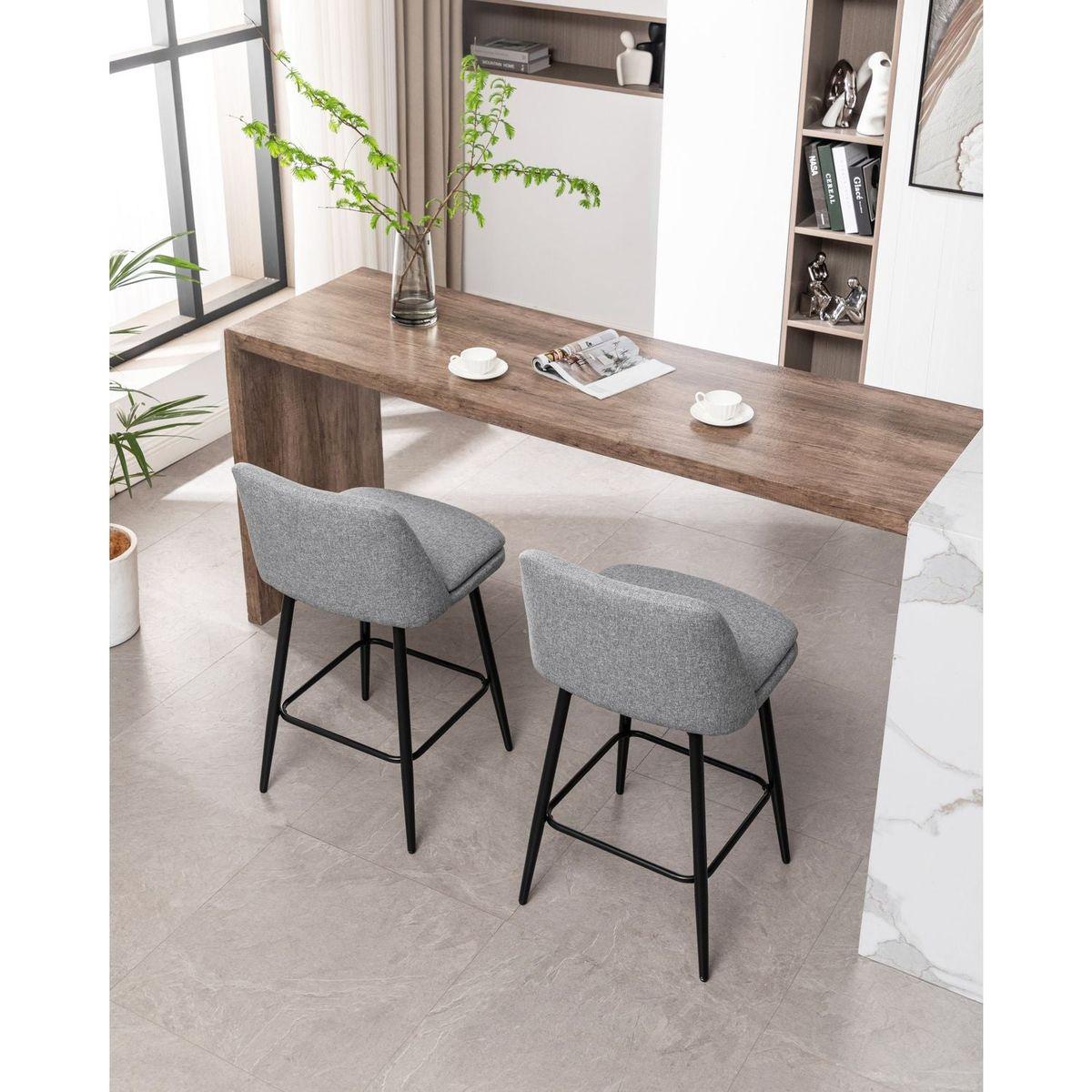 Counter Height Swivel Bar Stools Set of 2, 360 Swivel Upholstered Barstools with Back and Metal Legs, 25.6" Seat Height,Counter Stools for Kitchen Island and Pub,Linen Cloth,Grey
