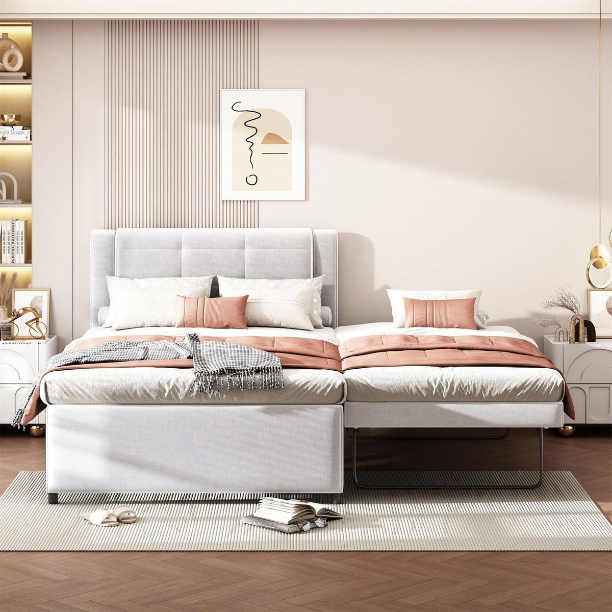 Full Size Upholstery platform bed with Trundle,Trundle can be flat or erected, Beige