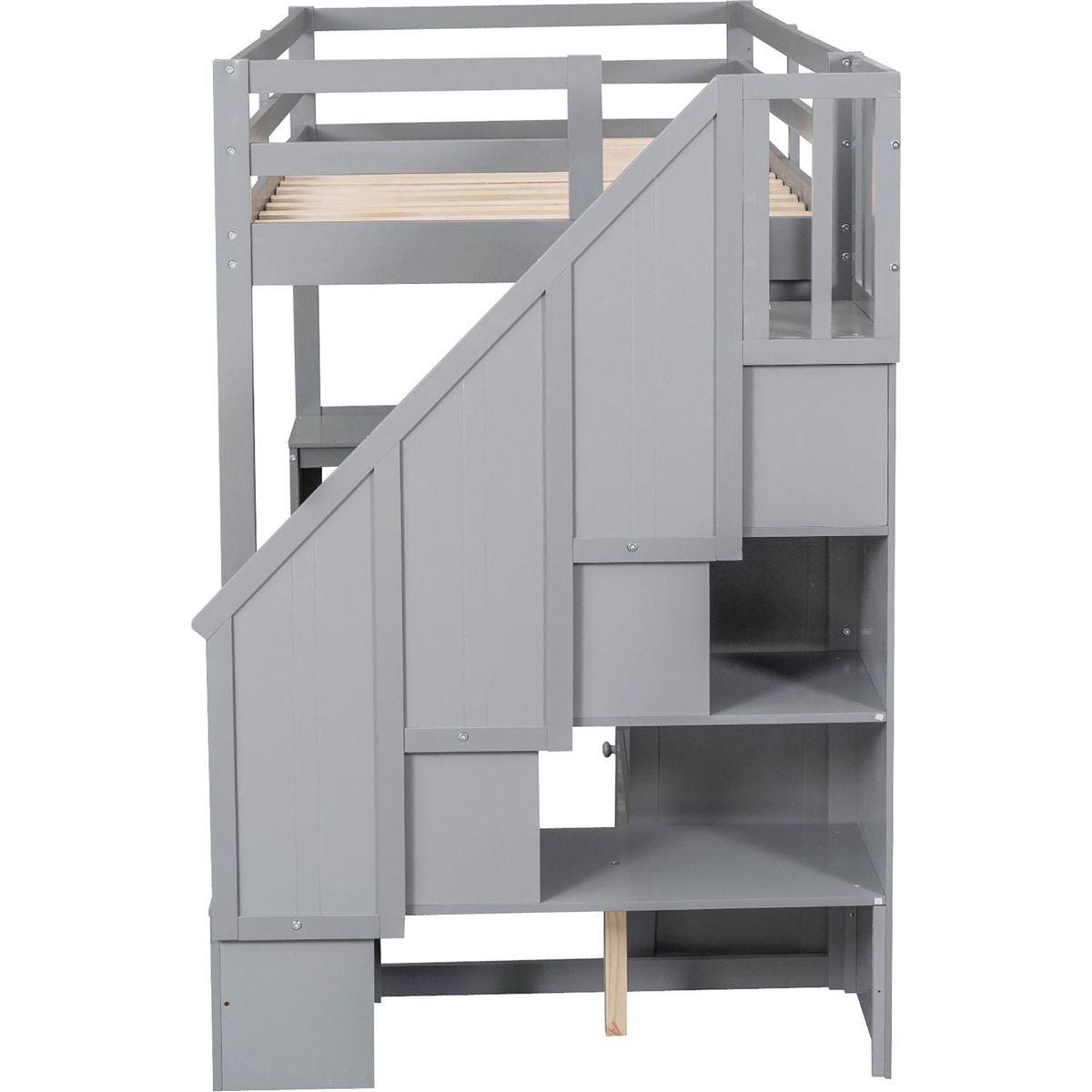 Twin Size Loft Bed with L-Shaped Desk and Drawers, Cabinet and Storage Staircase, Gray
