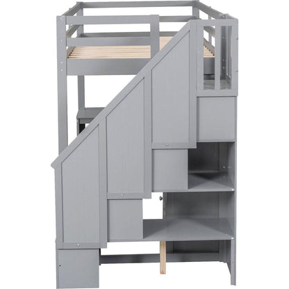 Twin Size Loft Bed with L-Shaped Desk and Drawers, Cabinet and Storage Staircase, Gray