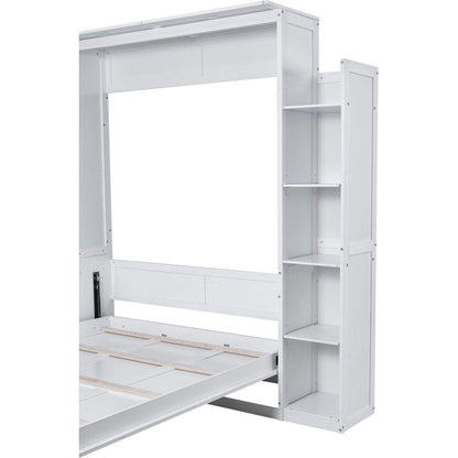 Queen Size Murphy Bed Wall Bed with Shelves and LED Lights,White