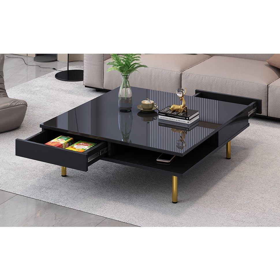Exquisite High Gloss Coffee Table with 4 Golden Legs and 2 Small Drawers, 2-Tier Square Center Table for Living Room, Black