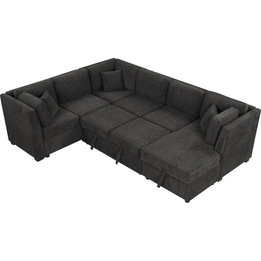 108.6" U-shaped Sectional Sofa Pull out Sofa Bed with Two USB Ports, Two Power Sockets, Three Back Pillows and a Storage Chaise for Living Room, Black