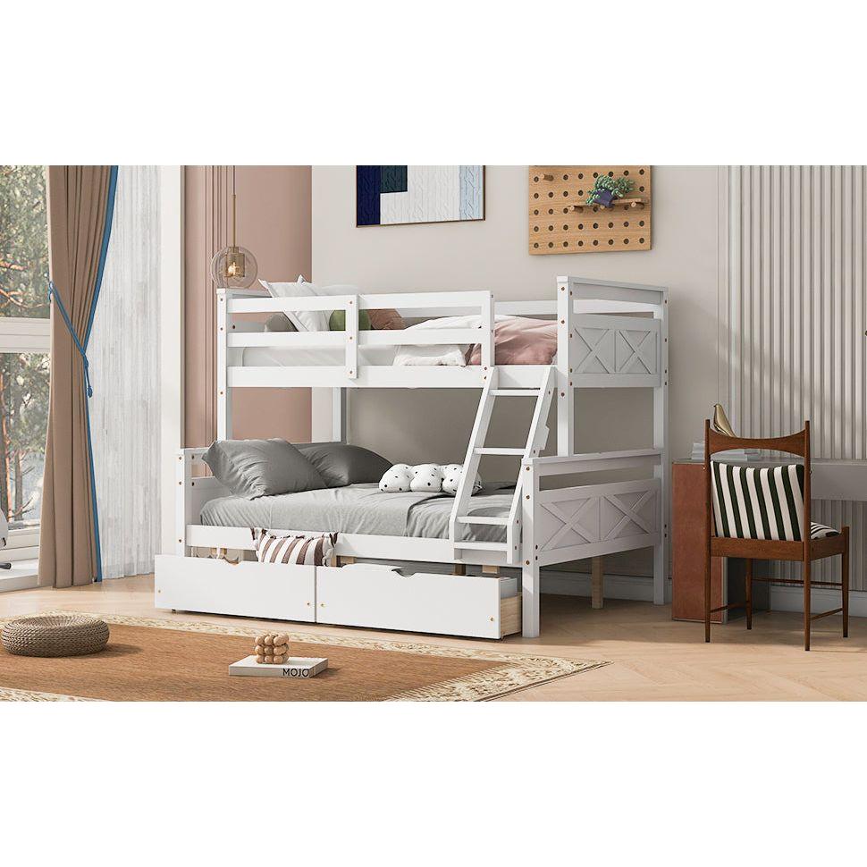 Twin over Full Bunk Bed with Ladder, Two Storage Drawers, Safety Guardrail, White