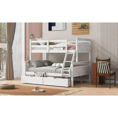 Twin over Full Bunk Bed with Ladder, Two Storage Drawers, Safety Guardrail, White