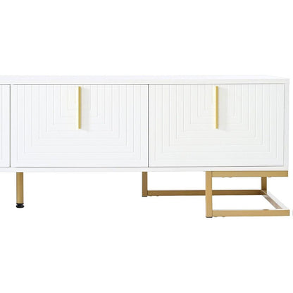 Modern TV Stand with Metal Legs and Gold Handles for TVs Up to 80", Media Console Table with Cabinets and Adjustable Shelves, Luxury TV Cabinet with Geometric Lines for Living Room, White
