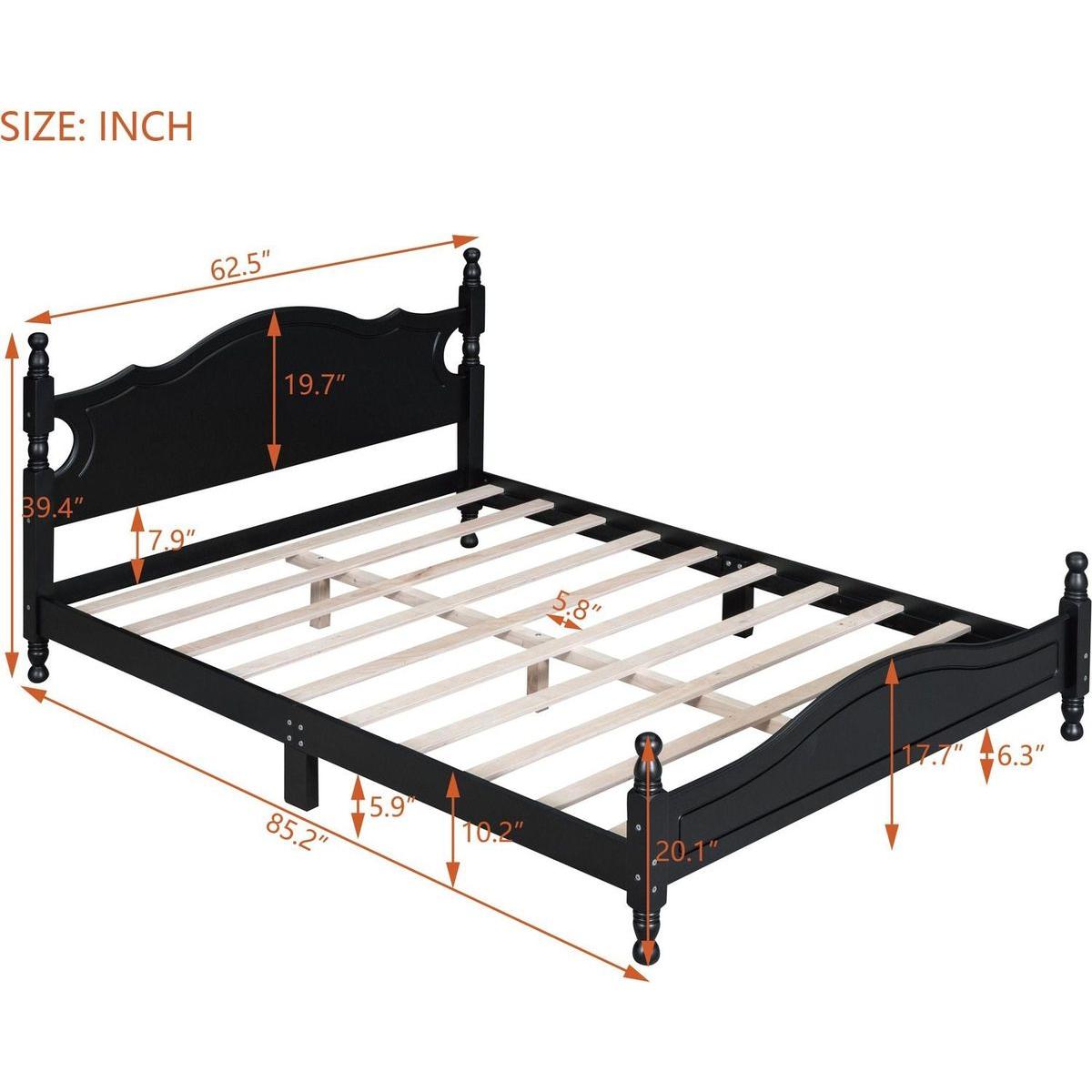 Queen Size Wood Platform Bed Frame,Retro Style Platform Bed with Wooden Slat Support,Black