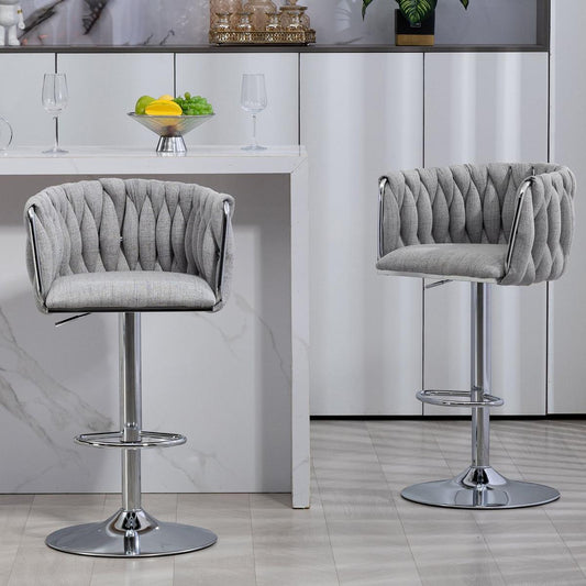 360 Fabric cover Swivel Bar Stools Set of 2, Adjustable Counter Height Bar Chairs with Woven Back & Footrest,Silver chromed Bar Stools for Kitchen Island, Cafe, Pub (Gray)