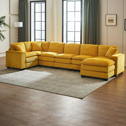 Modern U Shaped 6-seat Sectional Sofa Couch with one Ottoman and three toss pillows, Modular Sofa for Living Room,Corduroy sofa