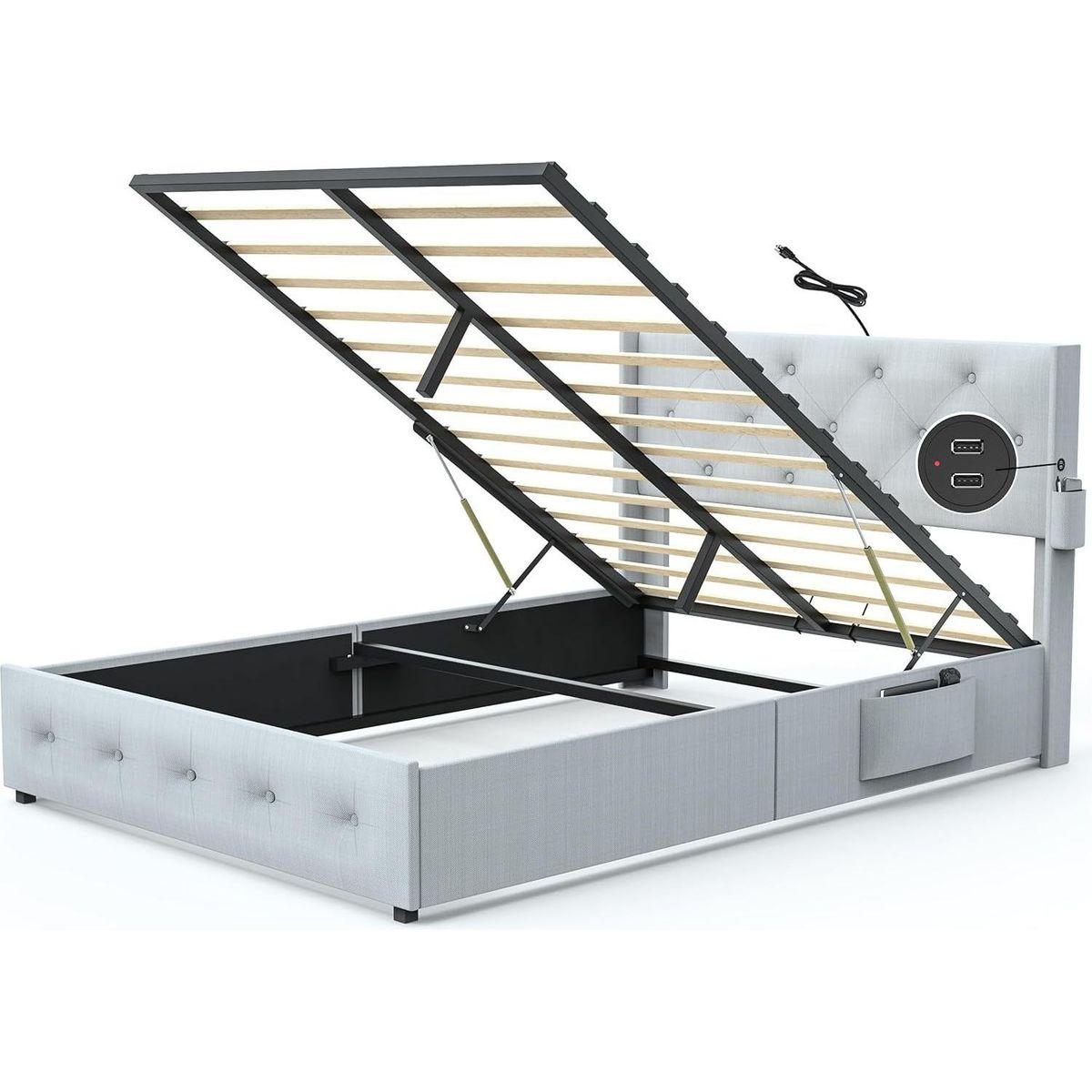 Queen Size Bed Frame with Storage - Lift Up Storage Bed with Modern Wingback Headboard, USB Ports