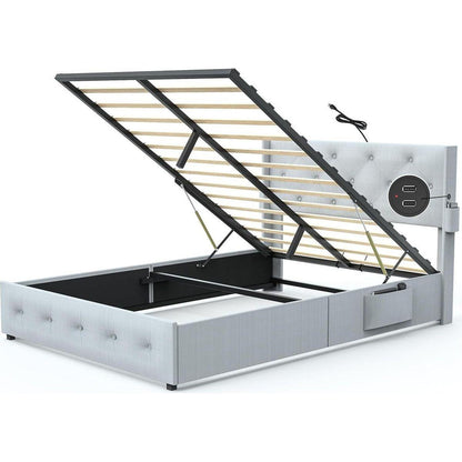 Queen Size Bed Frame with Storage - Lift Up Storage Bed with Modern Wingback Headboard, USB Ports