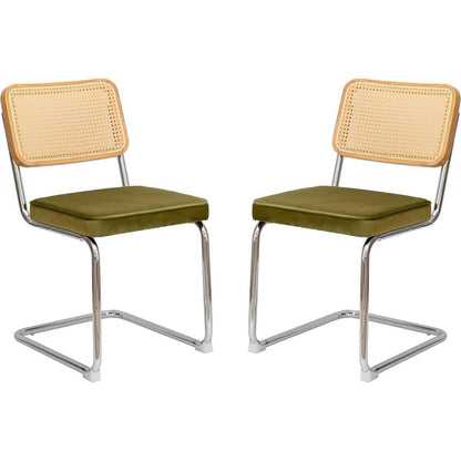 Dining Chairs Set of 2, Velvet Rattan Side Accent Chairs with Chrome Legs, Modern Mid Century Breuer Designed Chairs, Upholstered Dining Living Room Kitchen Chairs (Olive Green-2pcs)