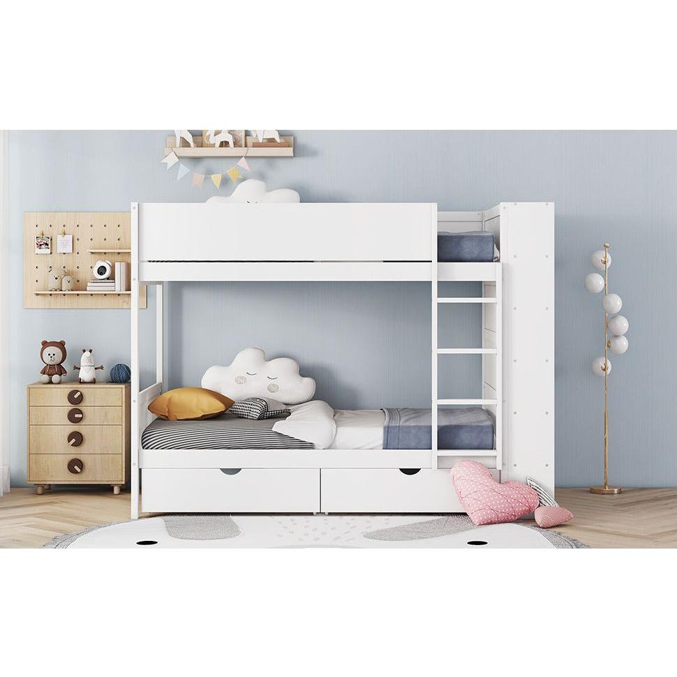 Twin over Twin Bunk Bed With 2 Drawers and Multi-layer Cabinet, White
