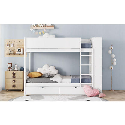 Twin over Twin Bunk Bed With 2 Drawers and Multi-layer Cabinet, White