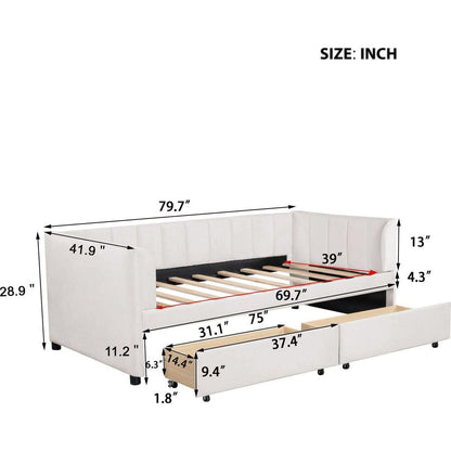 Twin Size Upholstered Daybed with Ergonomic Design Backrest and 2 Drawers, Beige
