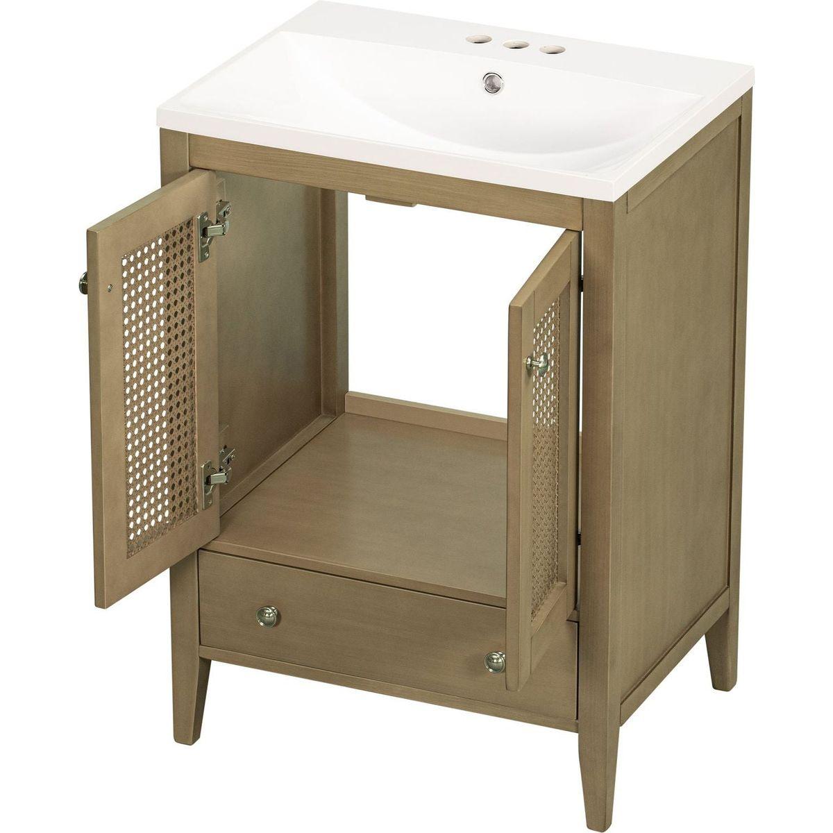 24" Bathroom Vanity with Ceramic Basin, Rattan Bathroom Storage Cabinet with Two Doors and Drawer, Solid Frame, Natural
