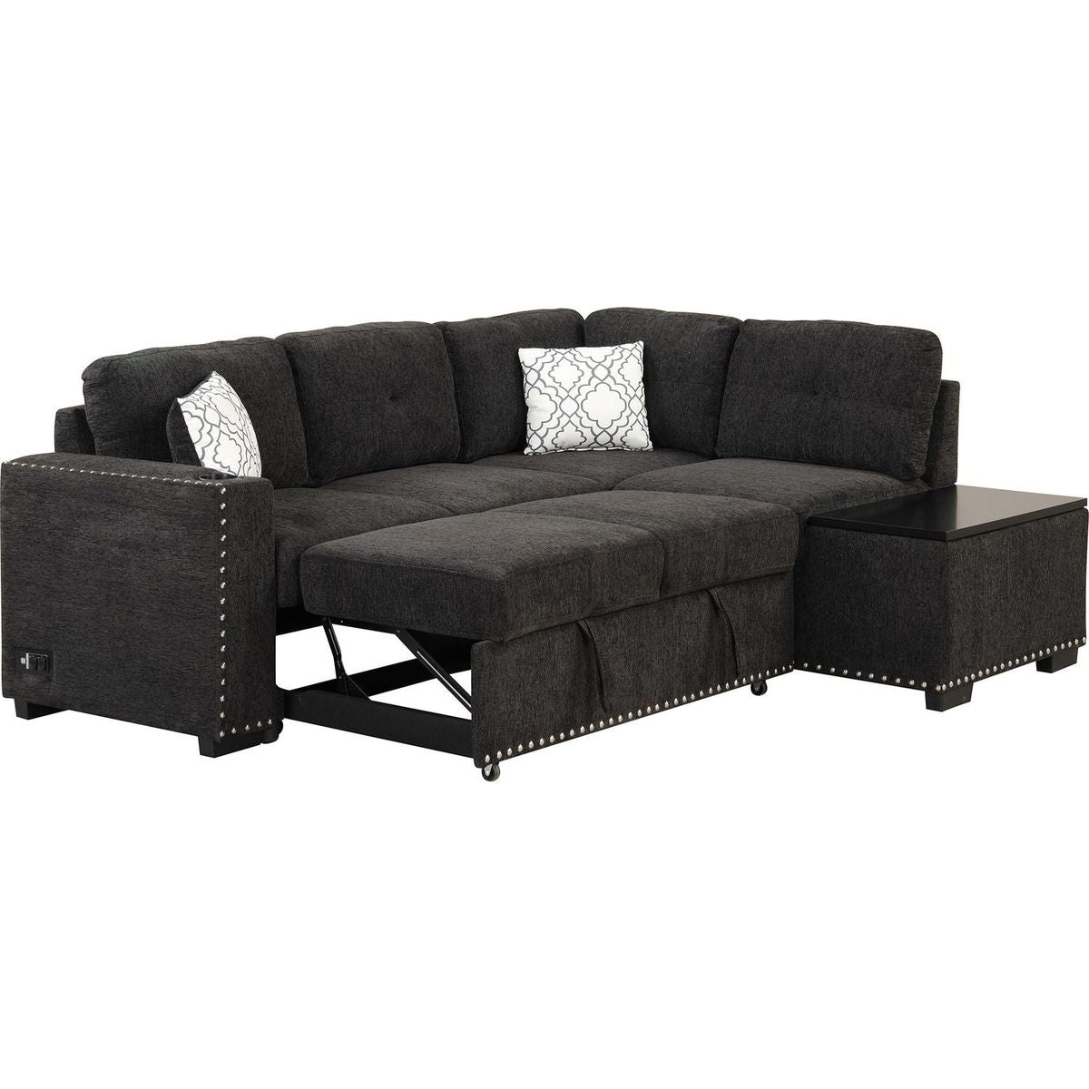 83.8" Reversible Sectional Pull-Out Sofa Bed L-Shaped Corner Sofa Couch with Storage Chaise, USB Ports, Power Sockets, Cup Holder for Living Room, Bedroom, Study, Black