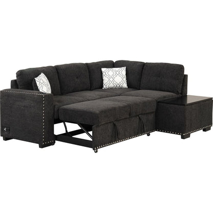 83.8" Reversible Sectional Pull-Out Sofa Bed L-Shaped Corner Sofa Couch with Storage Chaise, USB Ports, Power Sockets, Cup Holder for Living Room, Bedroom, Study, Black