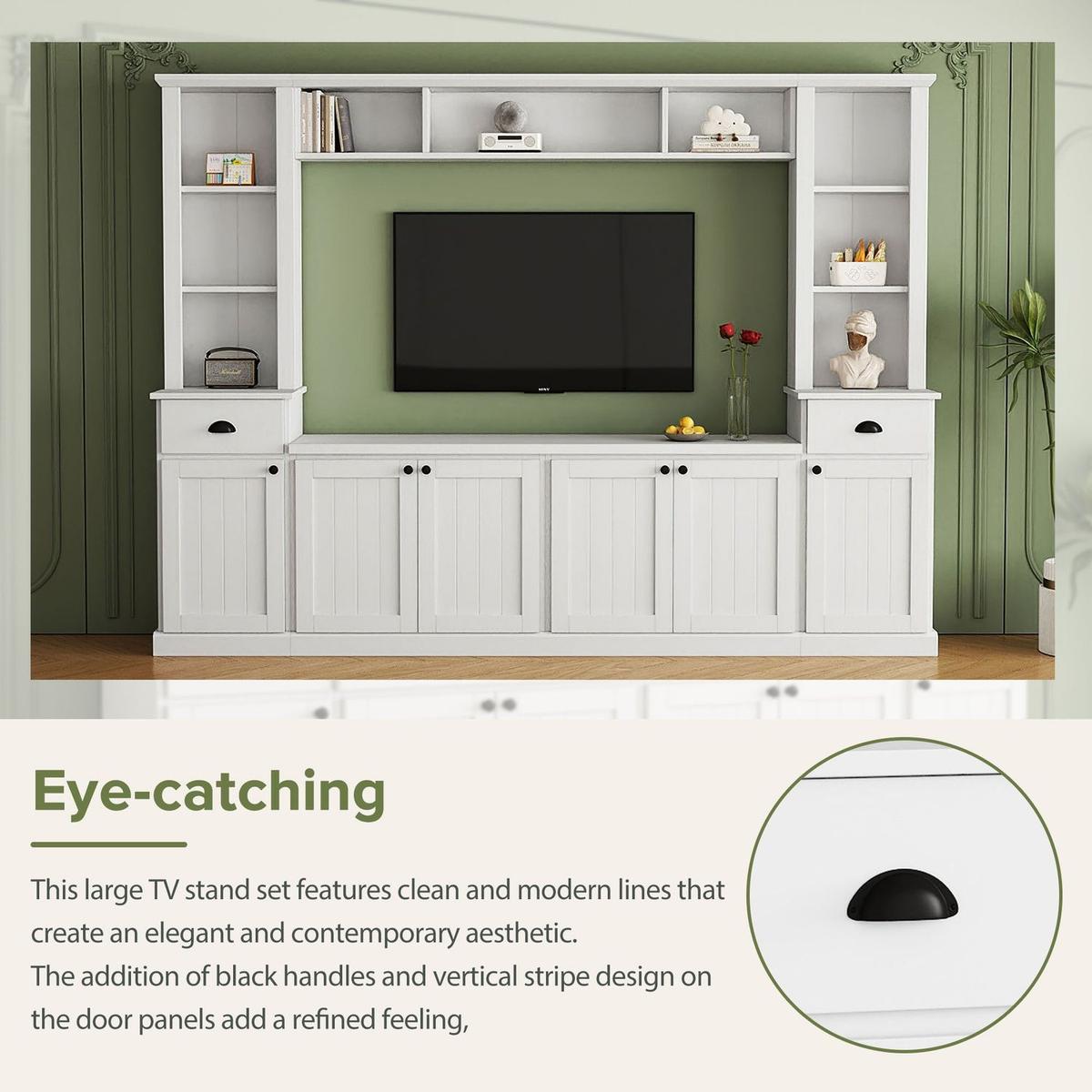 Minimalist Entertainment Wall Unit Set with Bridge for TVs Up to 75", Ample Storage Space TV Stand with Adjustable Shelves, Modernist Large Media Console for Living Room, White