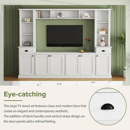 Minimalist Entertainment Wall Unit Set with Bridge for TVs Up to 75", Ample Storage Space TV Stand with Adjustable Shelves, Modernist Large Media Console for Living Room, White