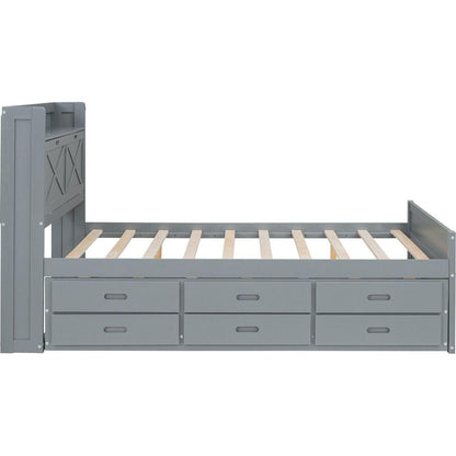 Full Size Wooden Bed with Storage Headboard with Outlets, Extendable Bed with Twin Size Trundle with Three Storage Drawers,Gray