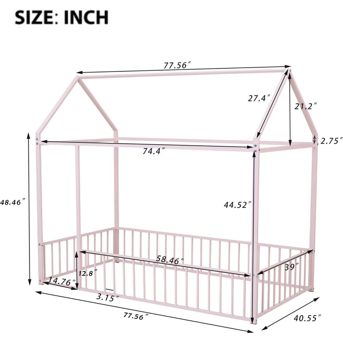 Twin Size Metal Bed House Bed Frame with Fence, for Kids, Teens, Girls, Boys, Pink - Streamdale Furniture