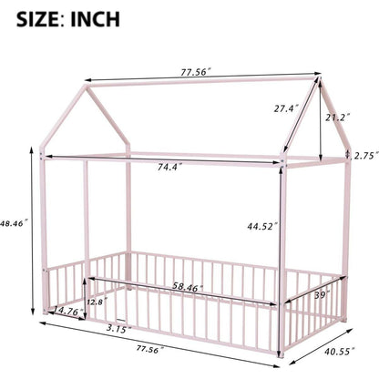 Twin Size Metal Bed House Bed Frame with Fence, for Kids, Teens, Girls, Boys, Pink - Streamdale Furniture